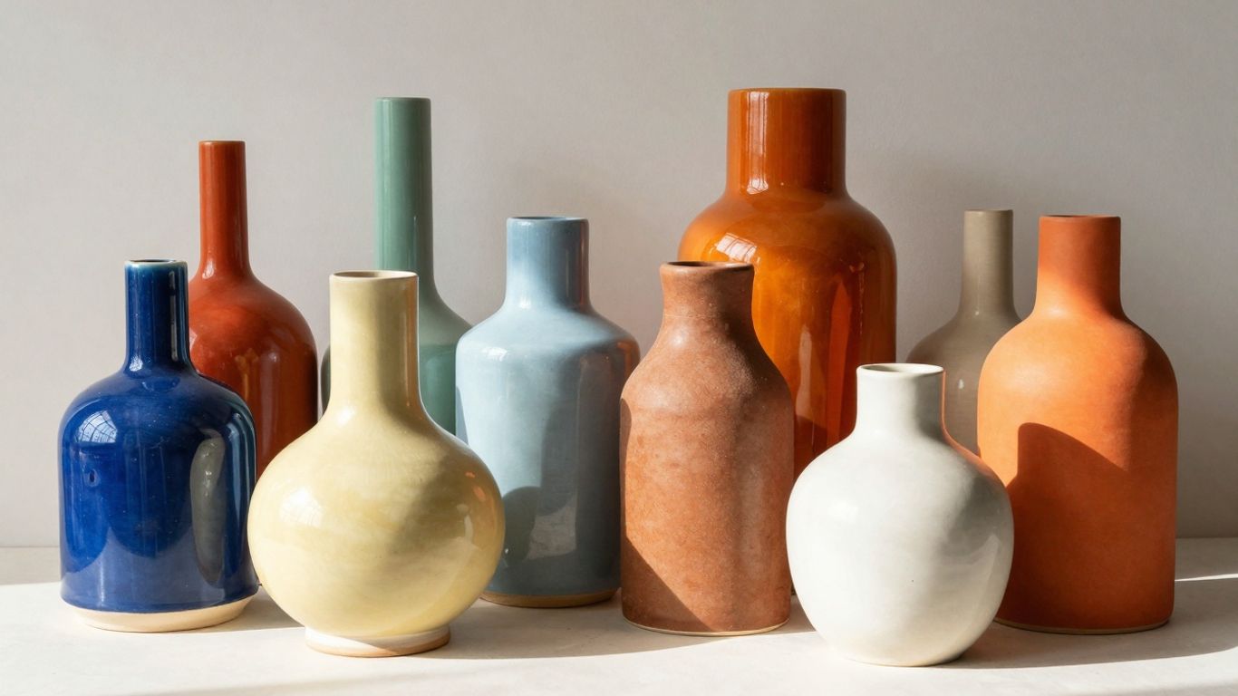 Colorful 70s-style ceramic vases and decor.