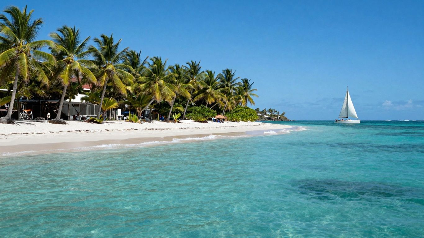 Sailboat on turquoise water near a sandy beach in Antigua.