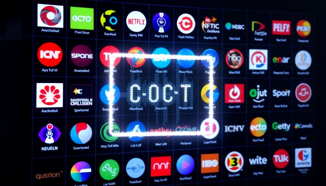 Digital screen showing TV channel logos with an abstract access code.