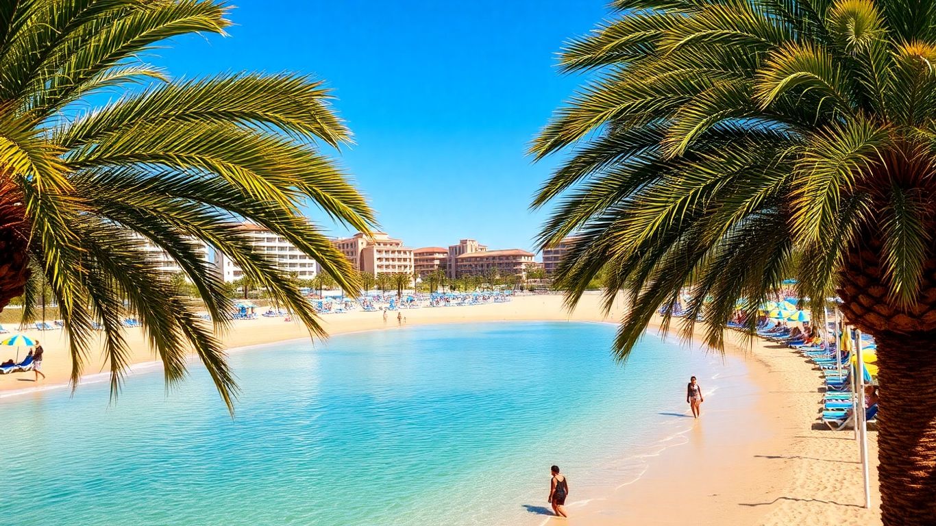 Salou beach with clear water, palm trees, and sun loungers