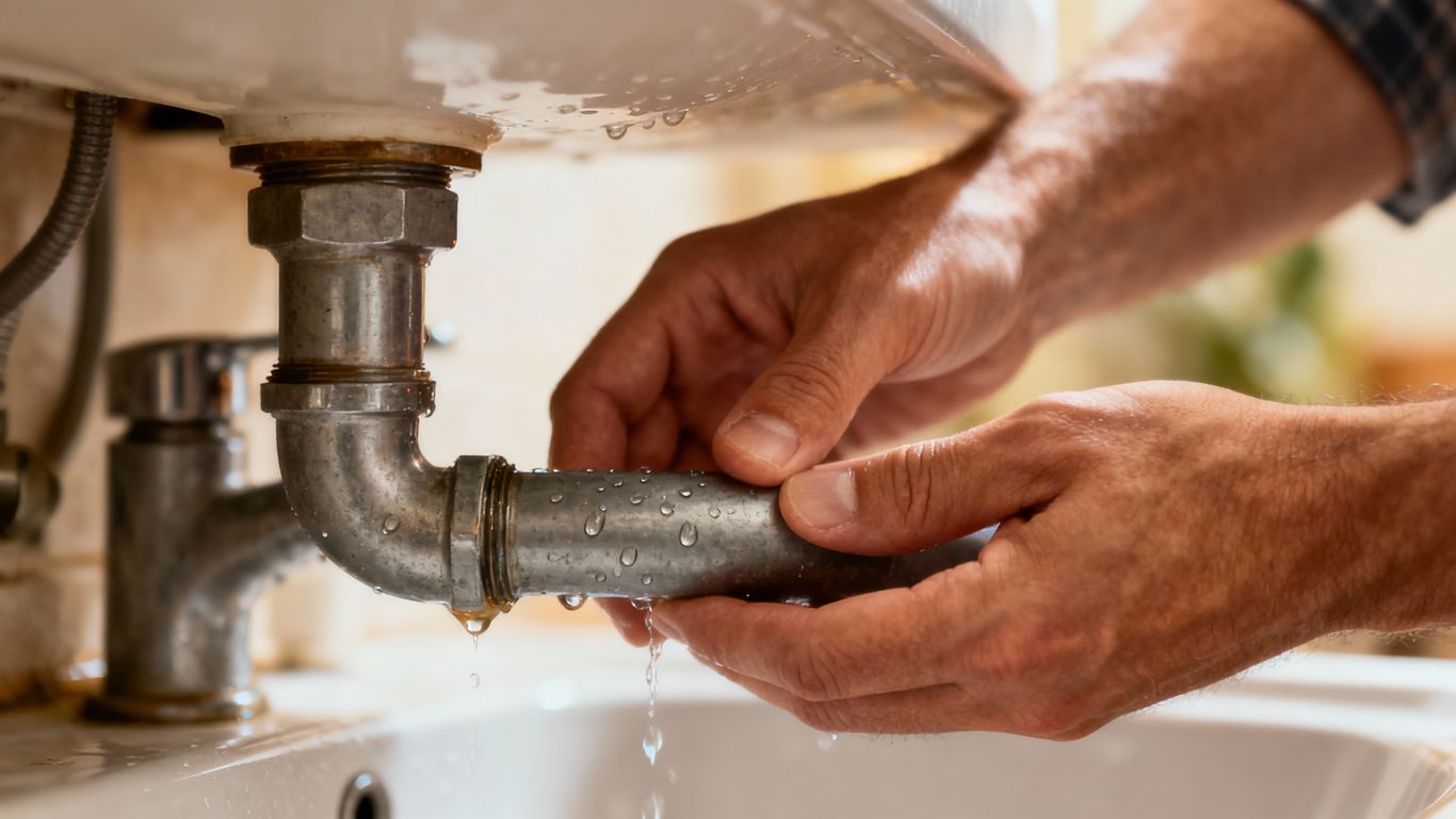 Hands checking a pipe for water leaks.