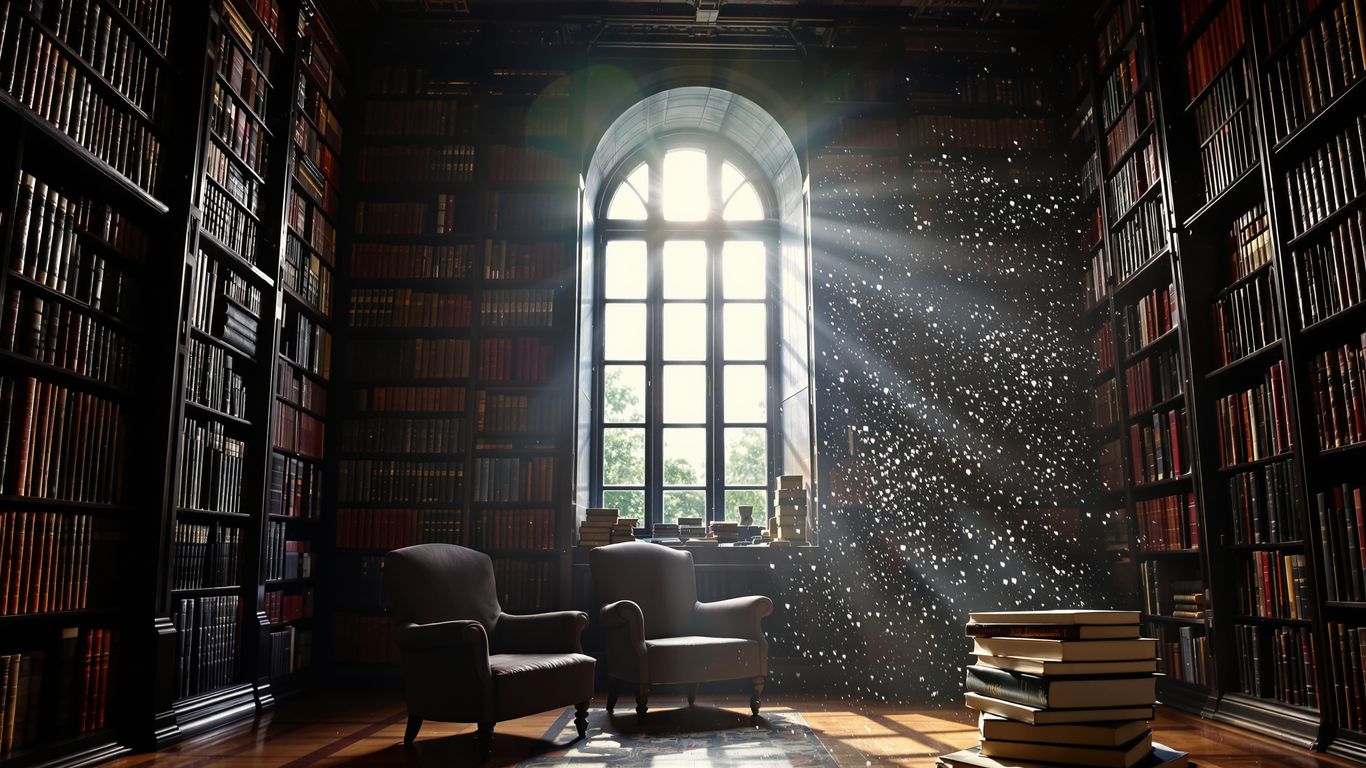 Ancient library with sunlight and books.