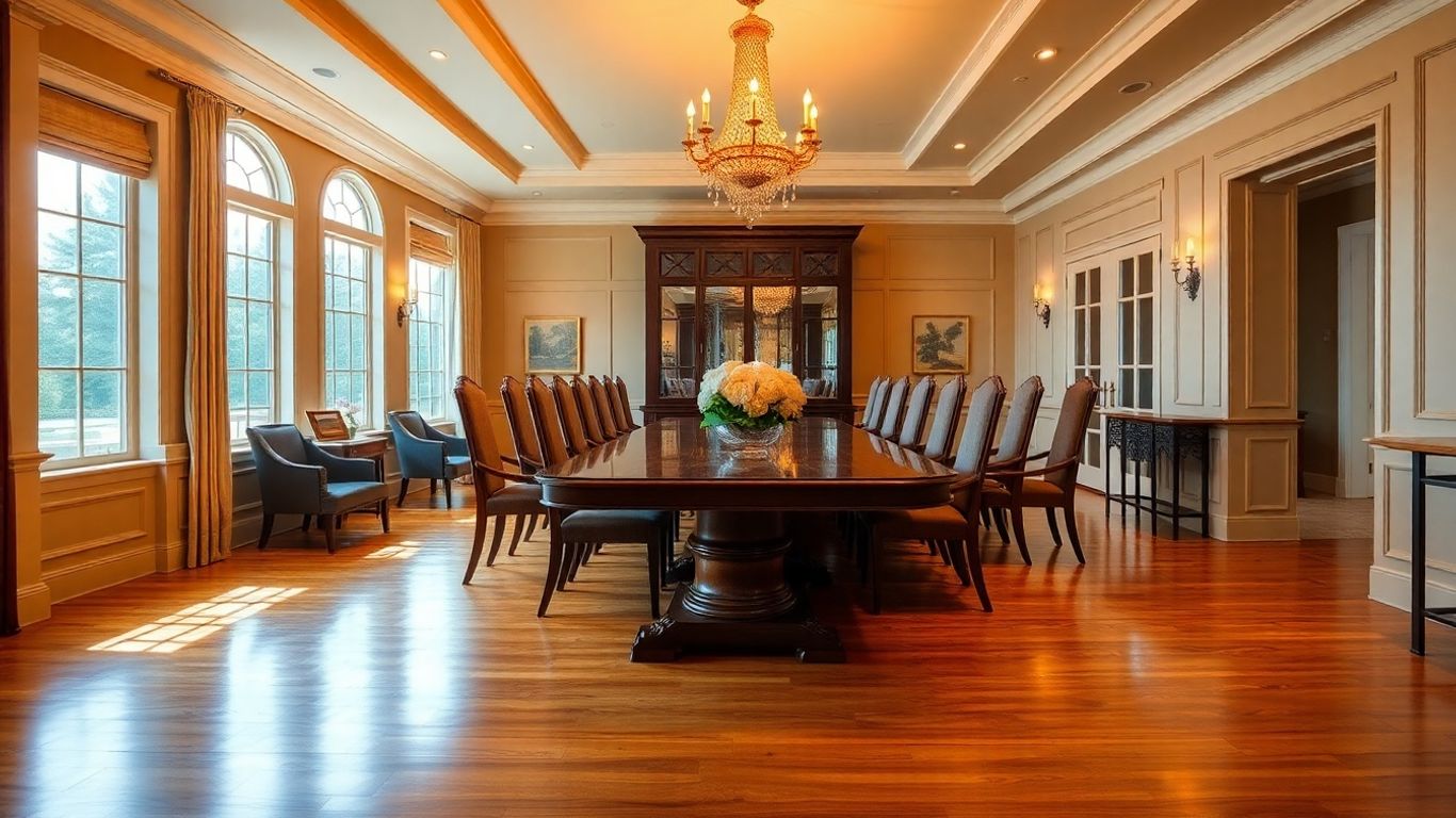 Long wooden pedestal table in luxurious dining room