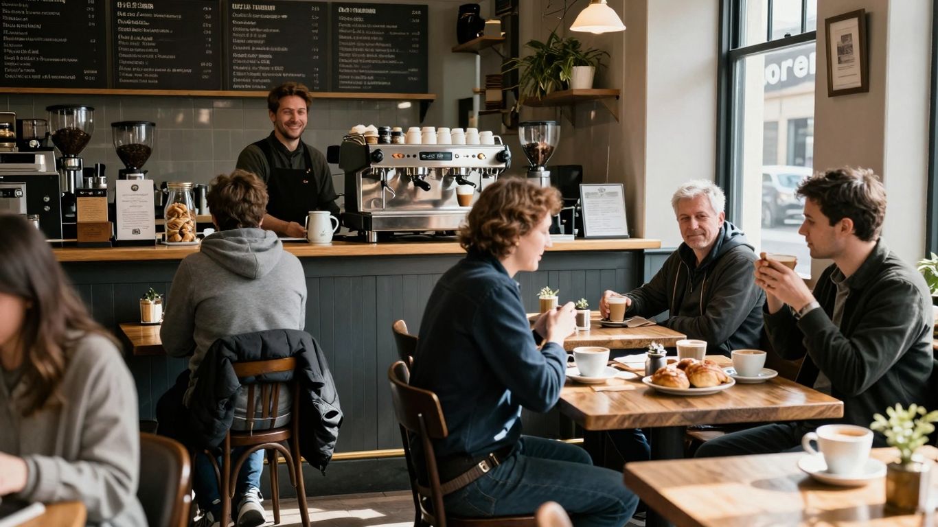 Cosy Irish café interior with customers and barista.