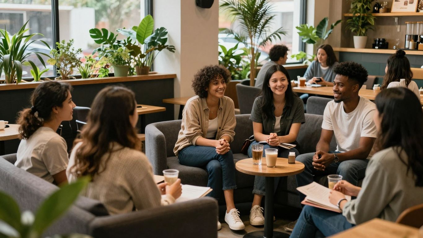 Friendly hostel common room with people chatting and relaxing.