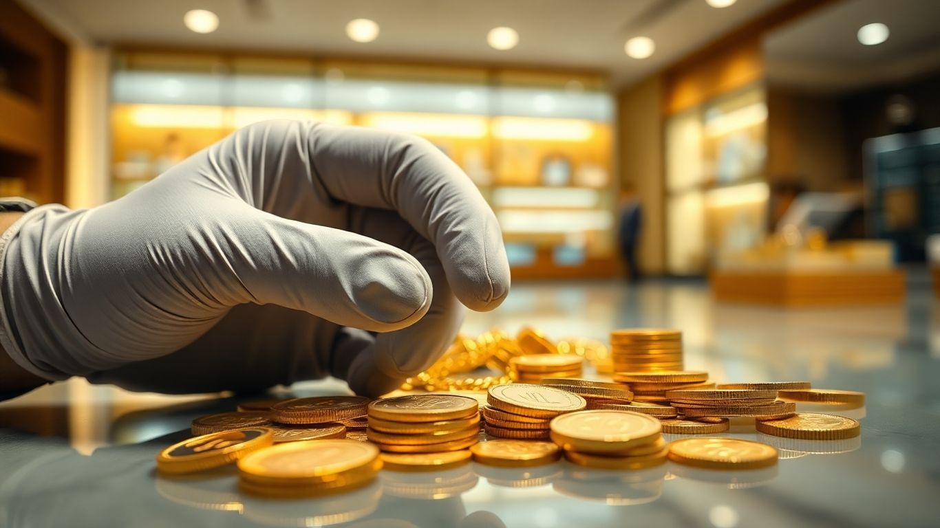 Gloved hand examining gold jewelry in store