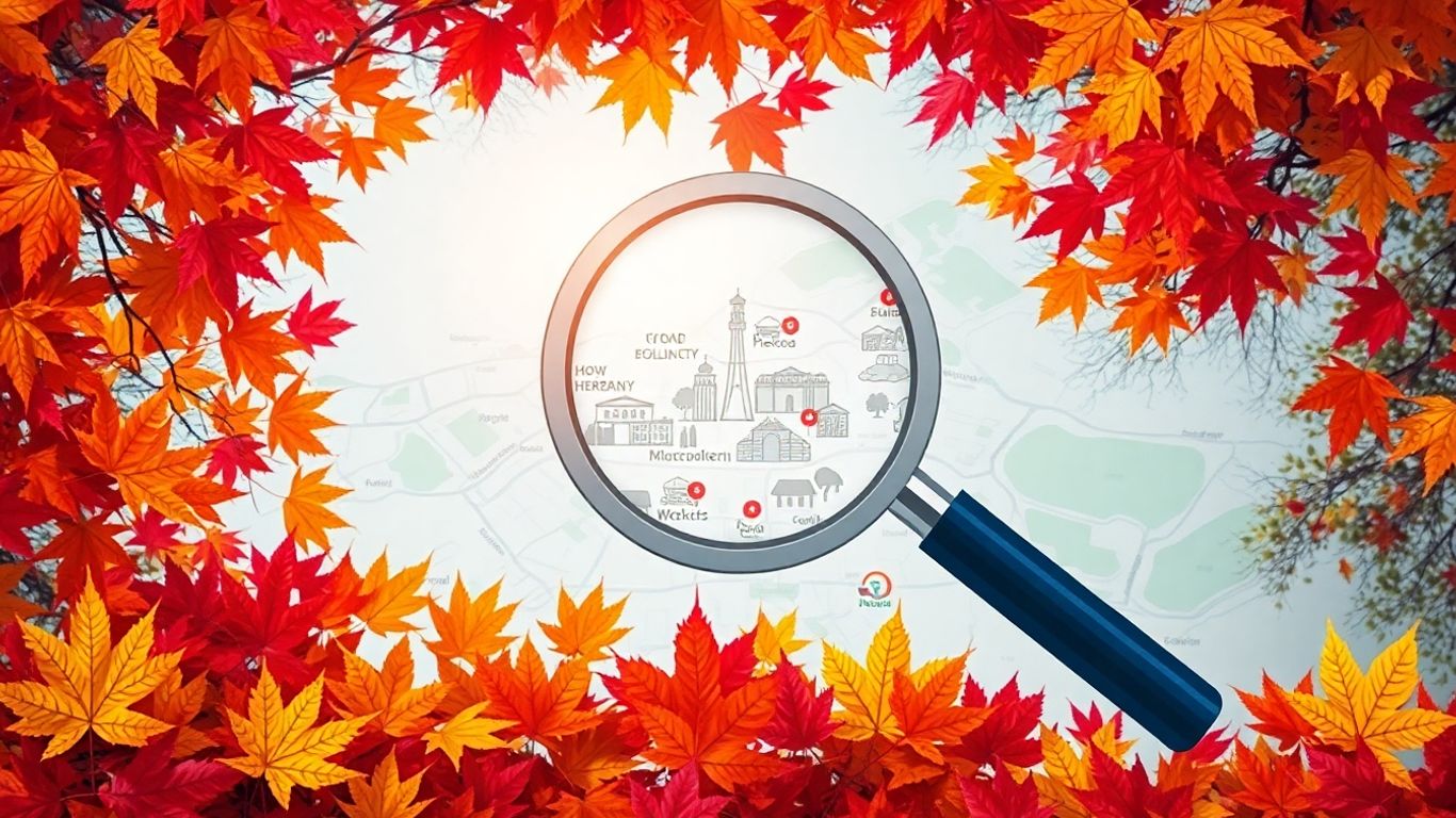 Magnifying glass over local map with autumn leaves