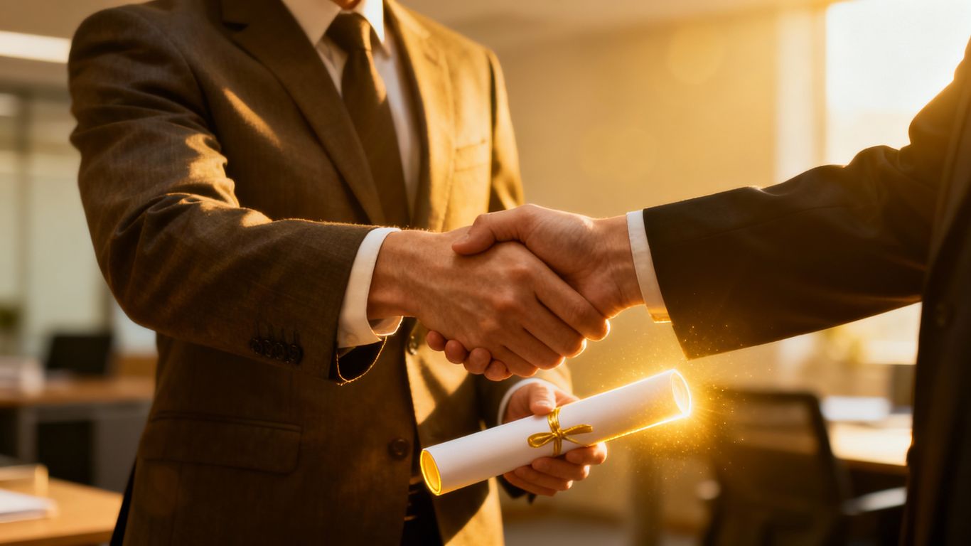 Professional handshake with a diploma, career advancement.