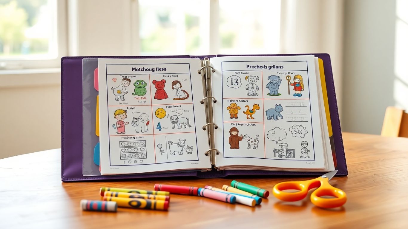 Preschool learning binder with activities and art supplies.