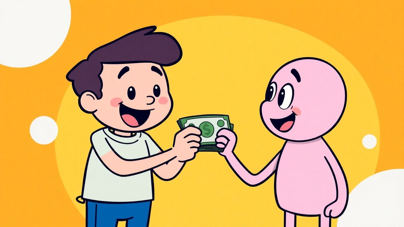 Cartoon characters exchanging money quickly.