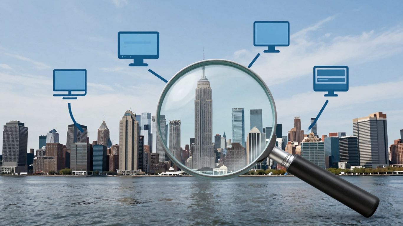 NYC skyline with IT support icons and magnifying glass.