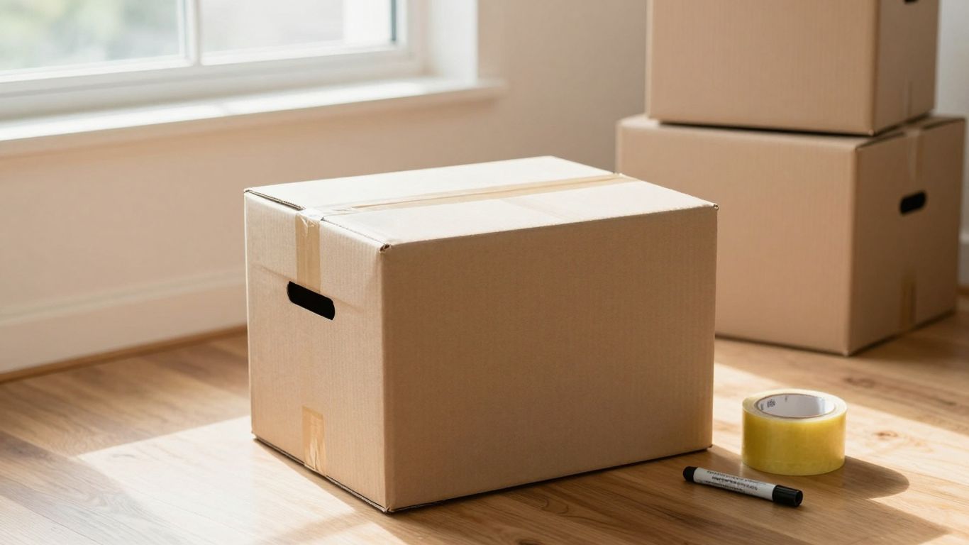 Moving boxes, tape, and marker ready for packing.