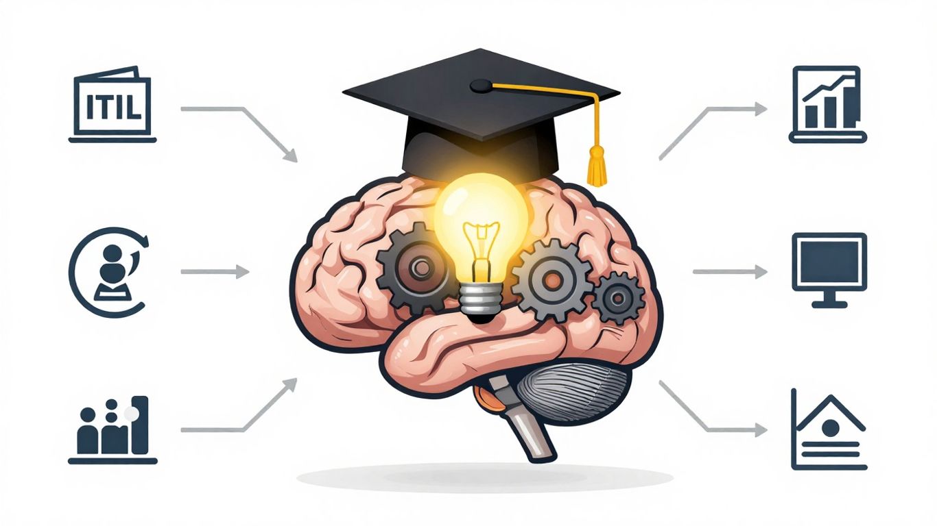 ITIL Foundation exam preparation infographic with brain and icons.