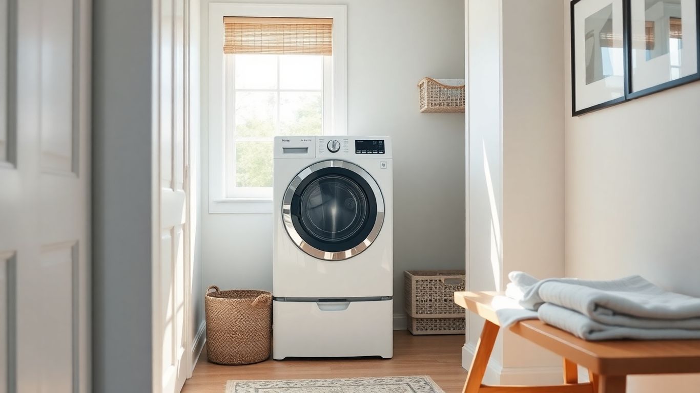 Modern clothes dryer in a bright laundry room