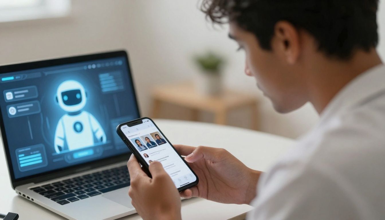 Young adult using phone and AI for health advice.