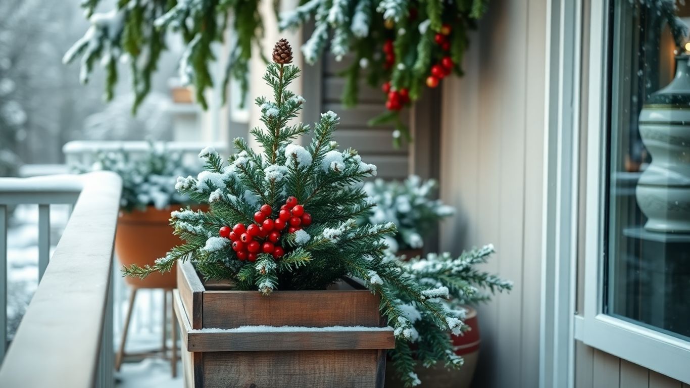 Winterliche Gartendekoration mit Pflanzen und Schnee