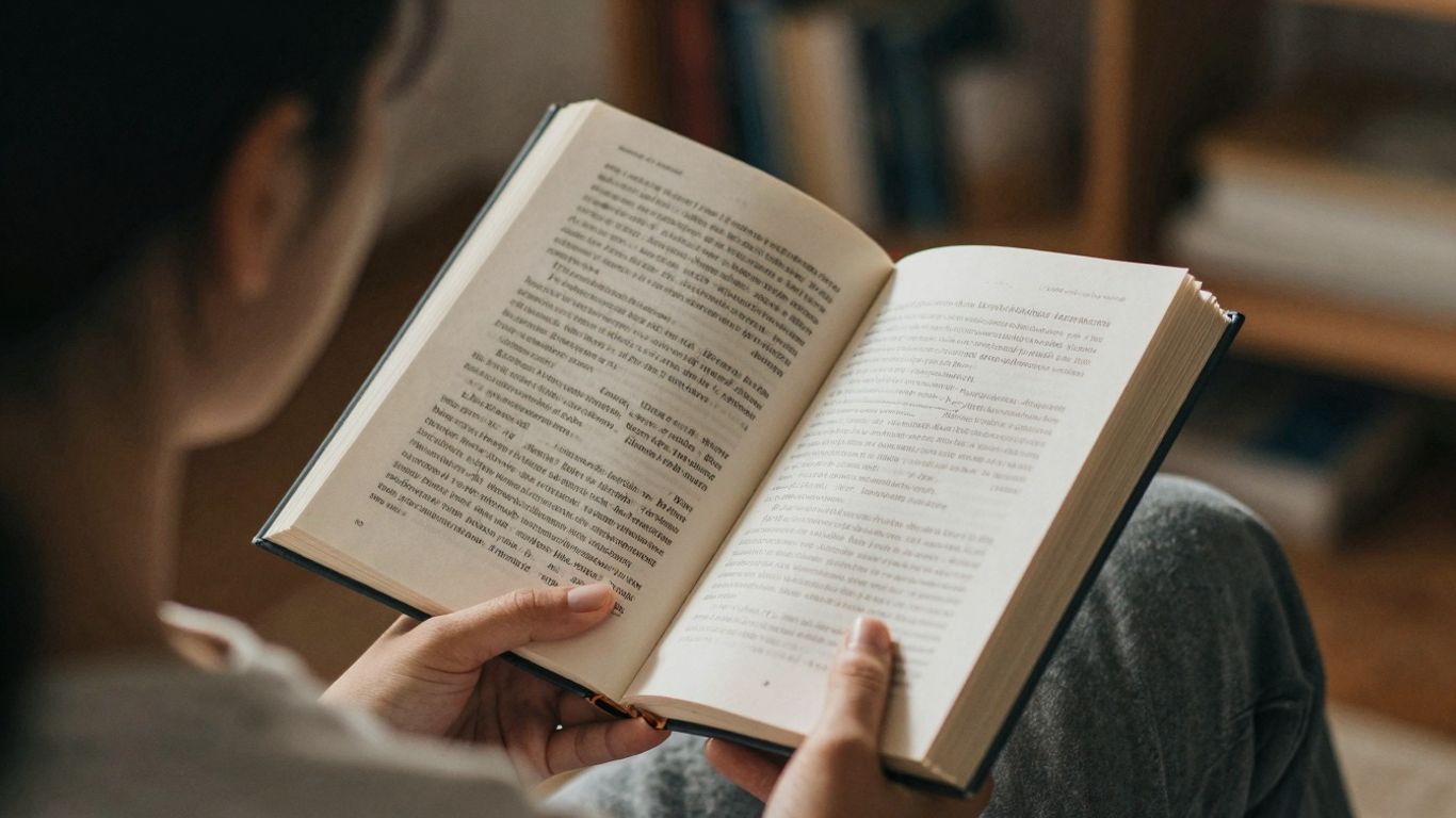Persoană citind o carte, concentrată pe dezvoltare personală.