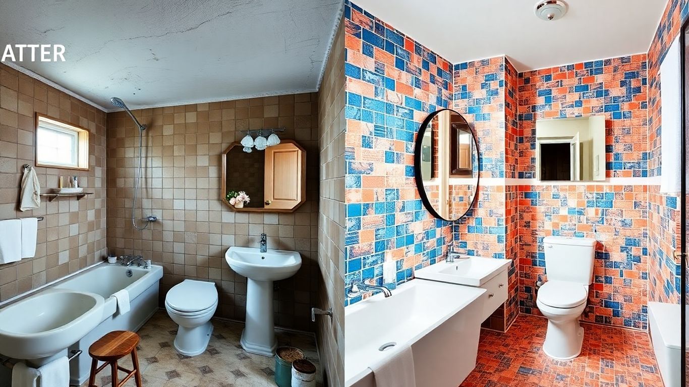 Before and after bathroom transformation with creative tile and color