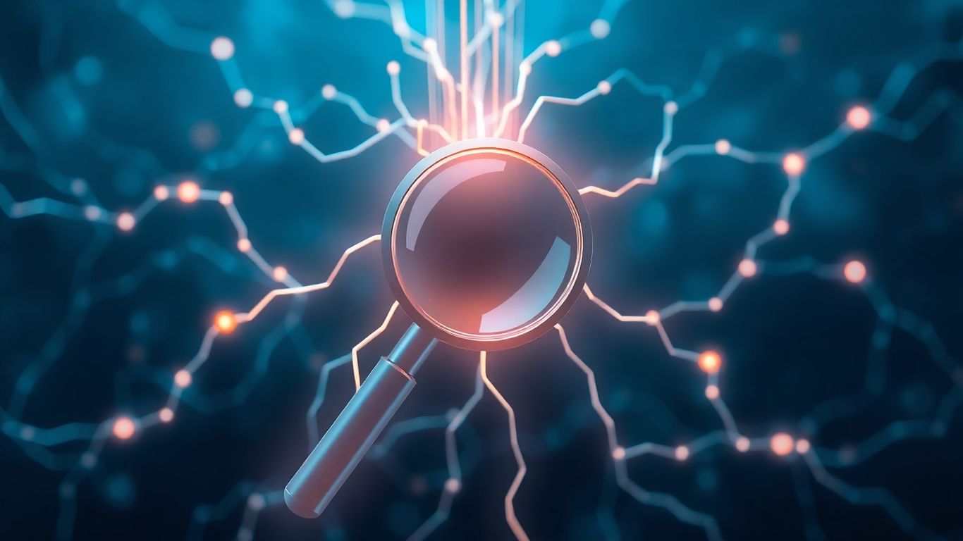 AI magnifying glass with glowing neural network.