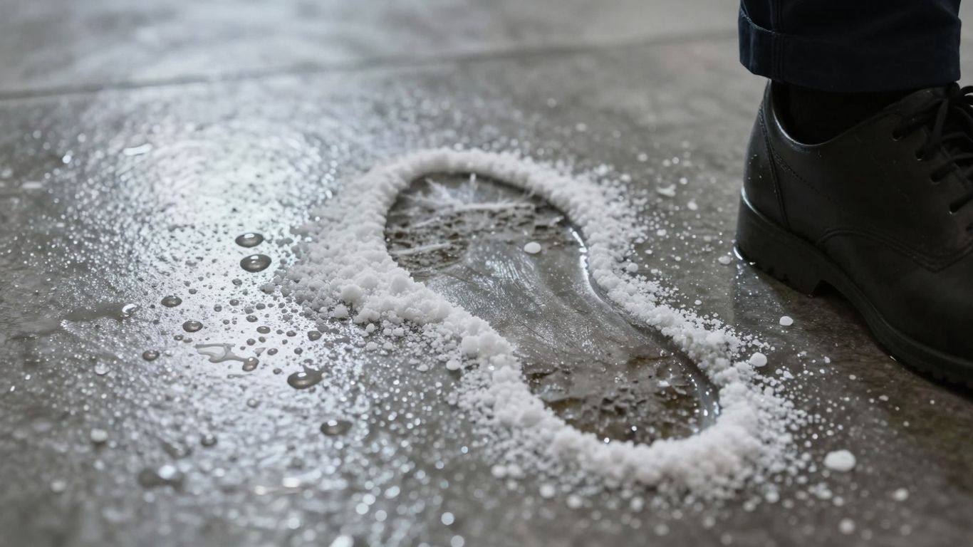 Wet office floor with salt residue and footprints.