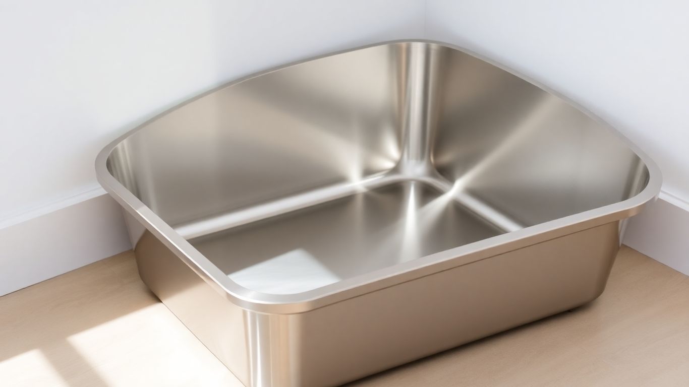 Shiny stainless steel cat litter box on floor