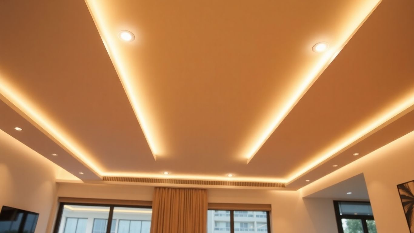 Recessed downlights in a modern living room ceiling.