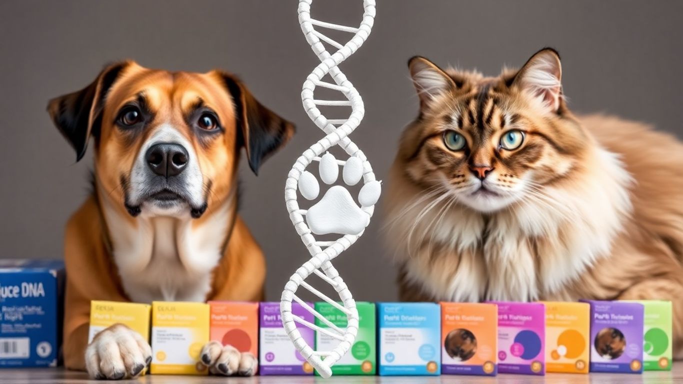 Dog and cat looking at DNA helix with pet DNA kits.