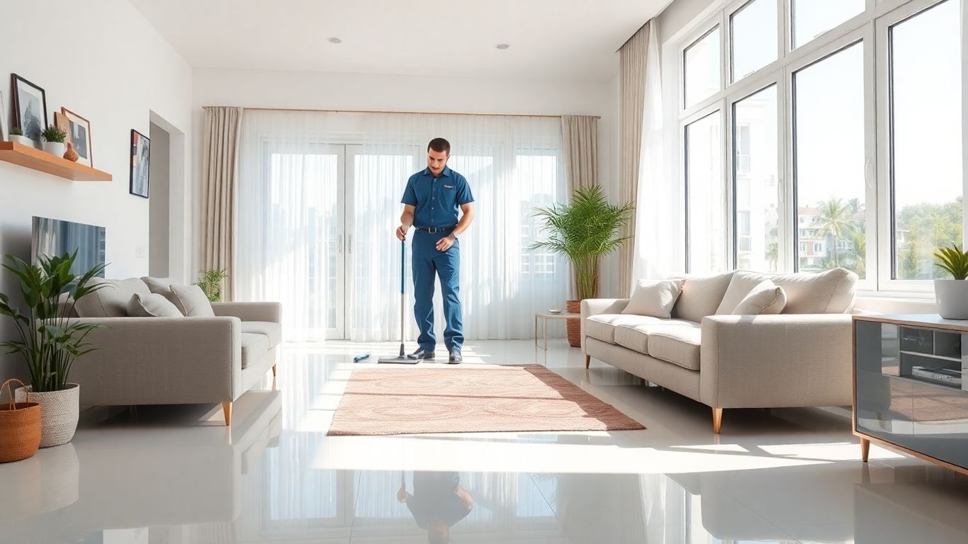Clean living room with professional cleaner