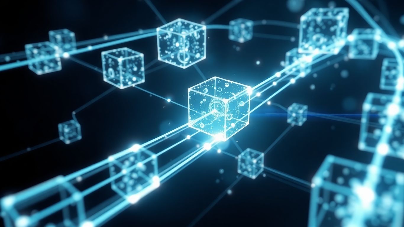 Interconnected digital blocks forming a futuristic network structure.