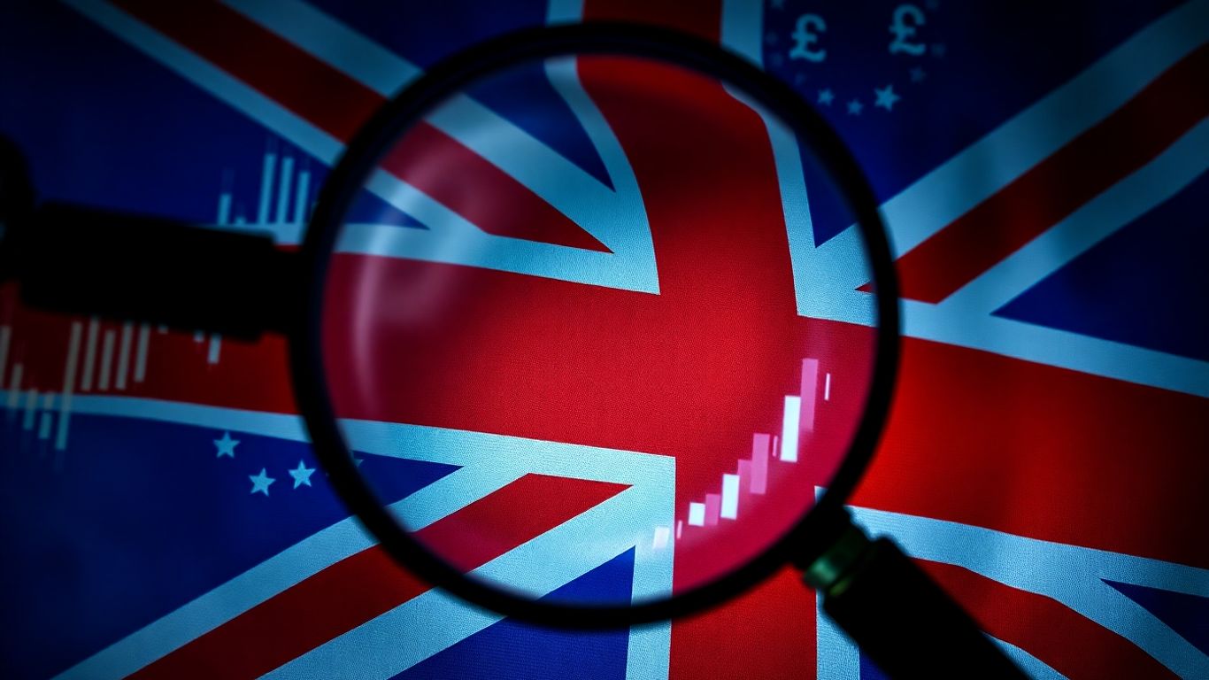UK flag with financial charts and currency symbols.