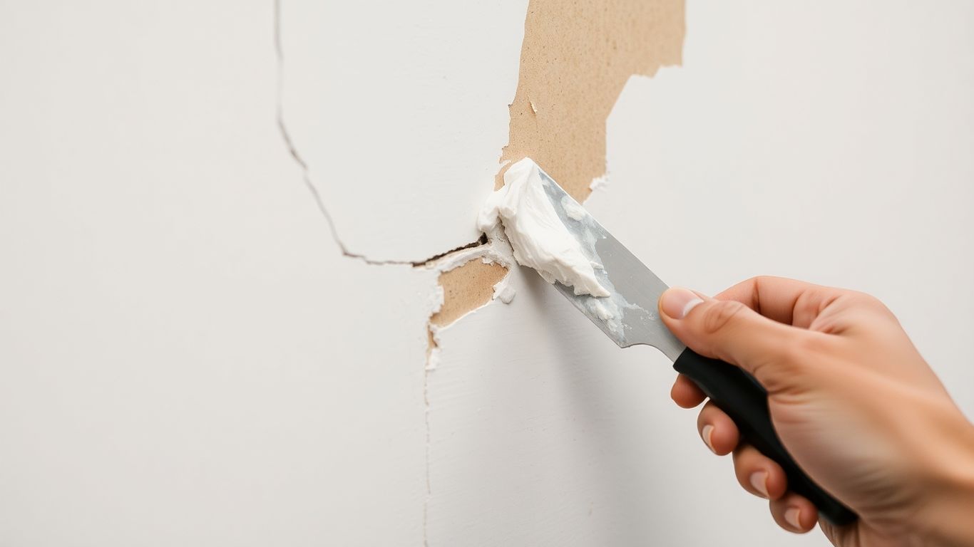 Repairing minor drywall damage with spackle and putty knife.