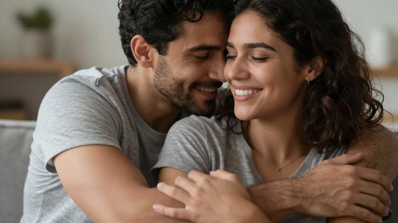 Couple in a casual, intimate embrace.