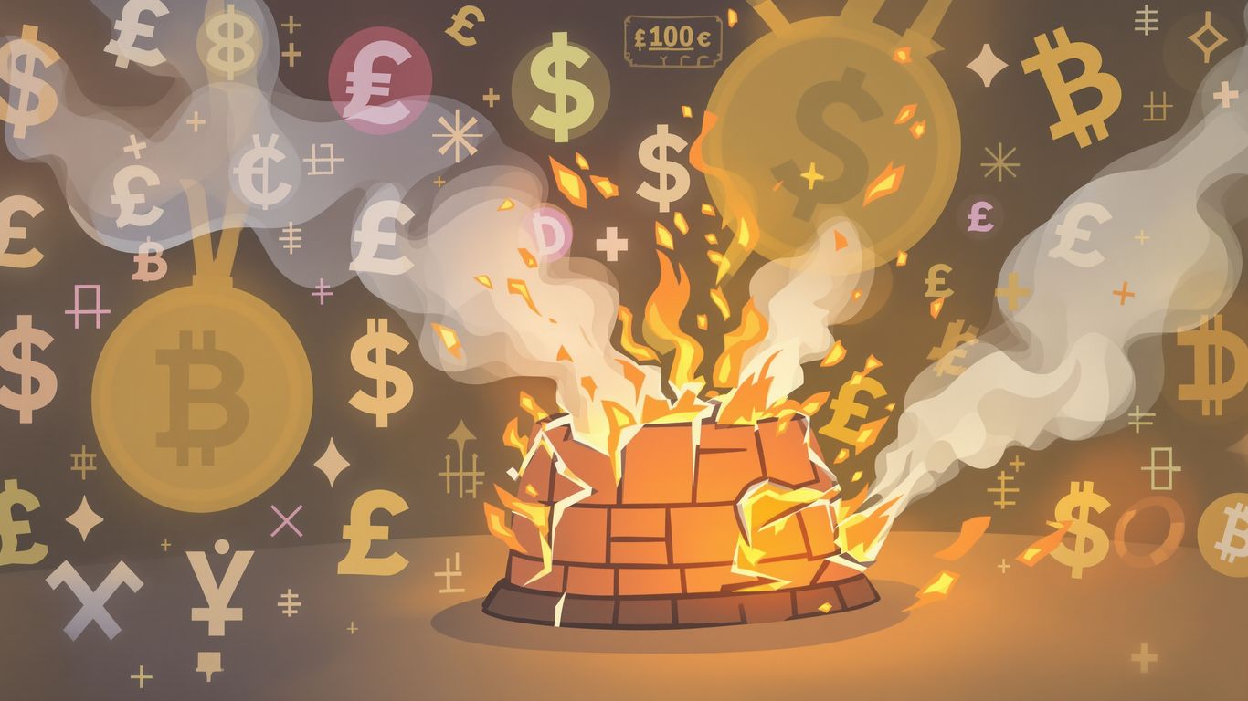 Kiln breaking apart with digital currency symbols