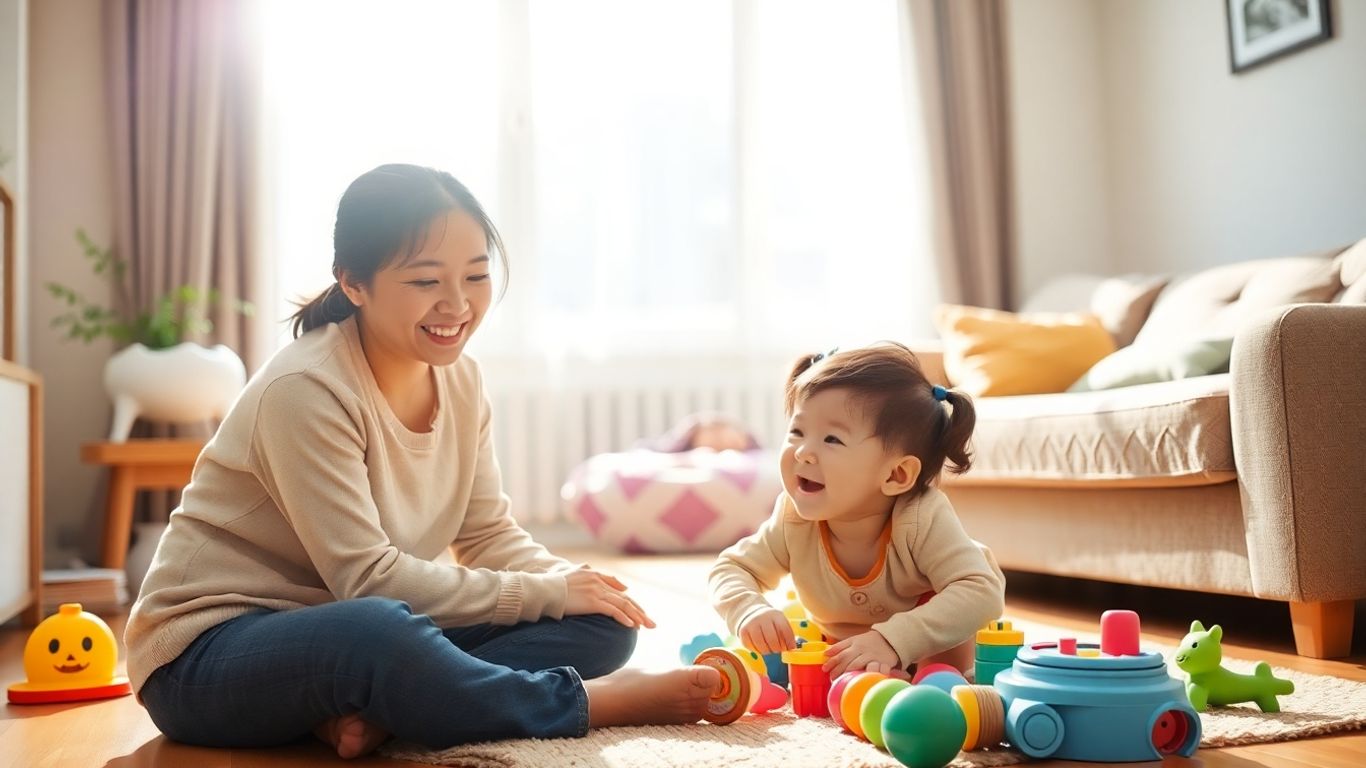 Nanny and child playing happily indoors.