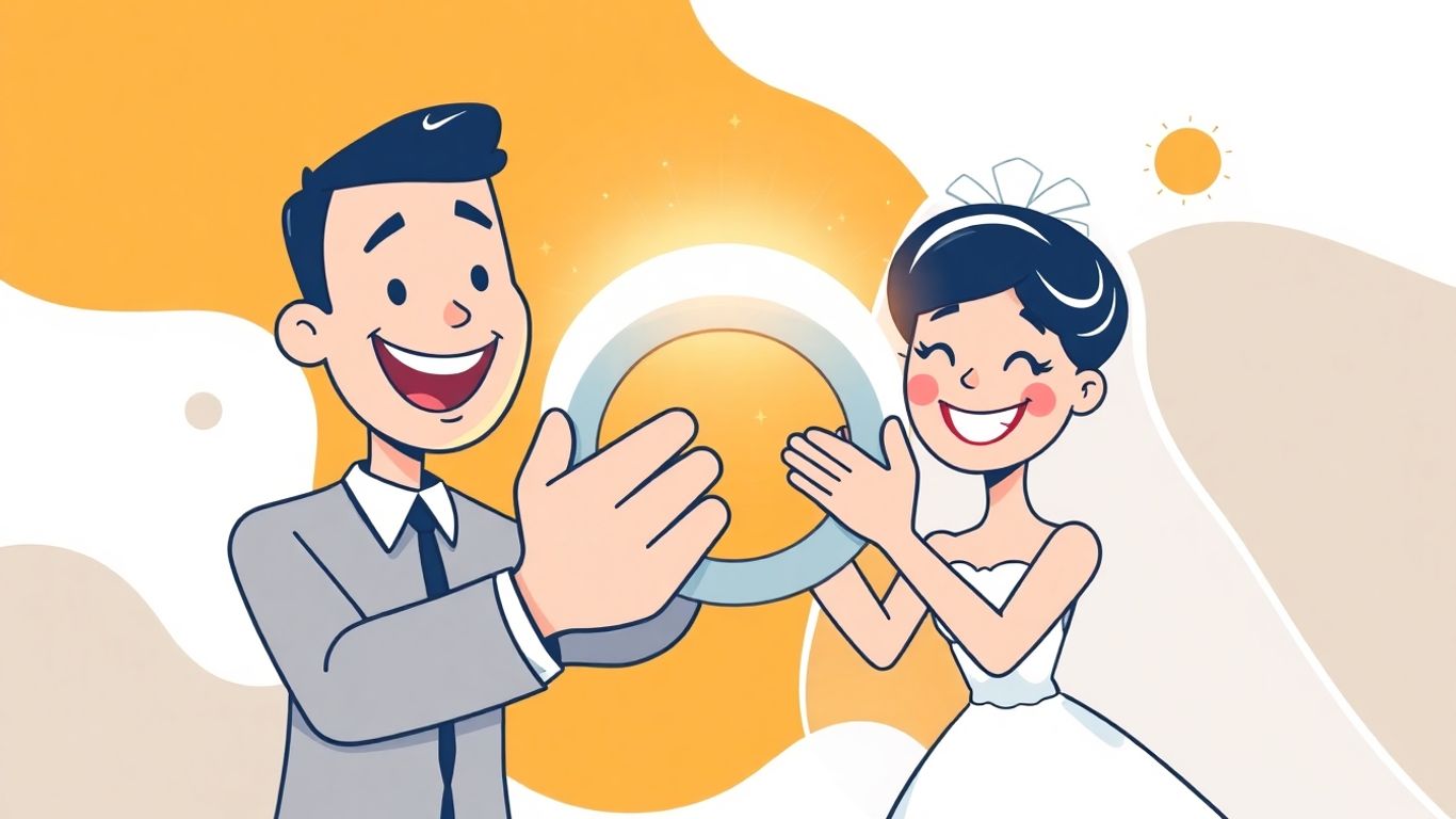 Happy cartoon couple holding a wedding ring.