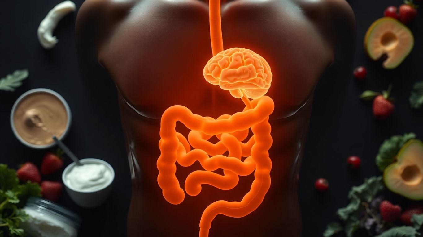 Human gut and brain connected with healthy foods visible.