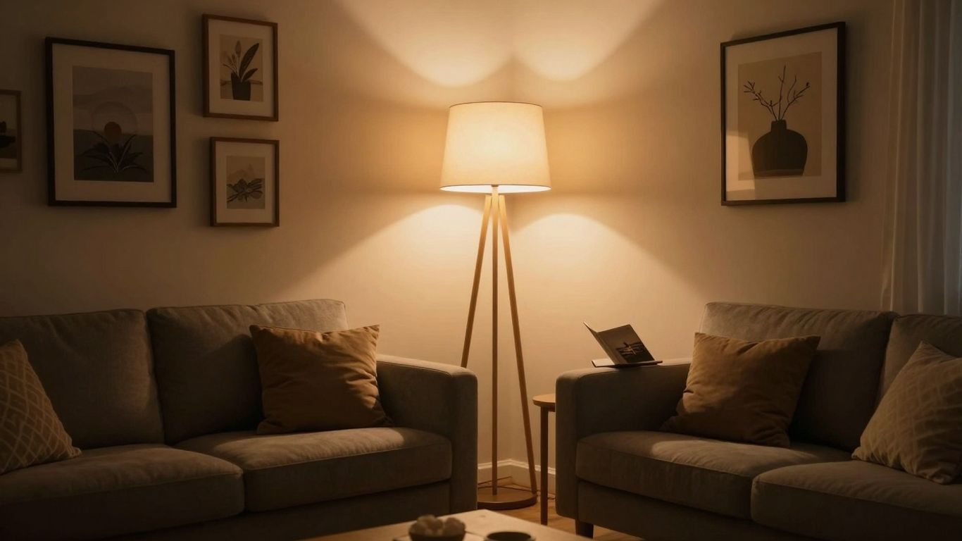 Living room with layered ambient, accent, and task lighting.