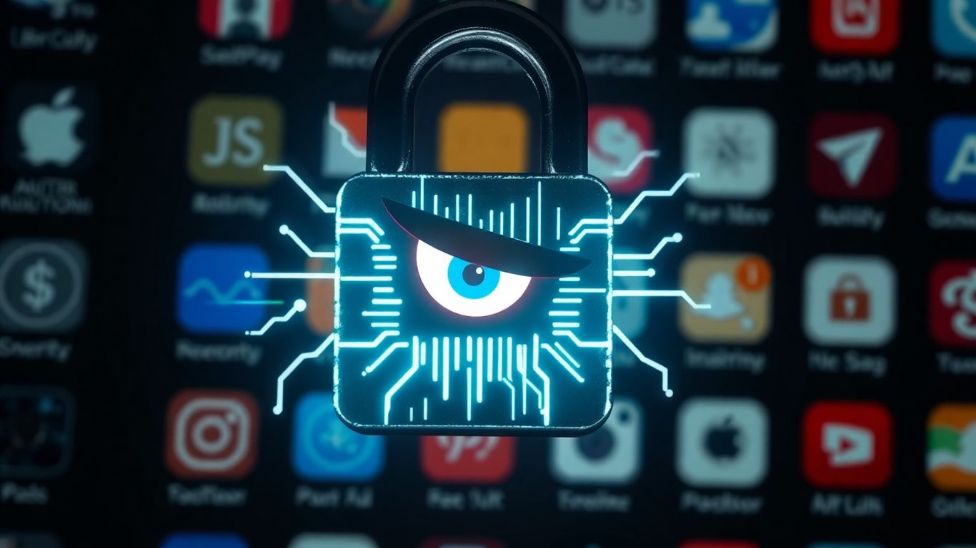Digital lock with eye, circuit patterns, and blurred financial app icons.