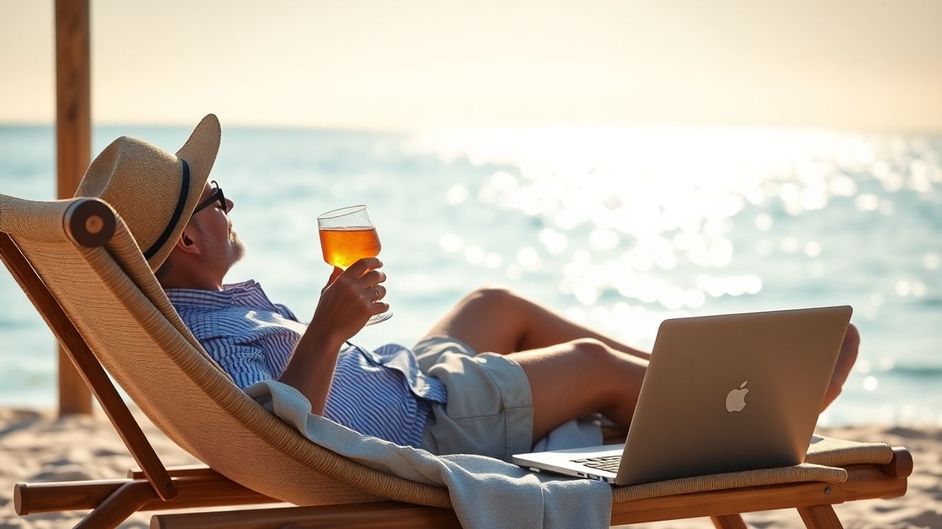 Pessoa relaxando na praia com laptop e bebida.