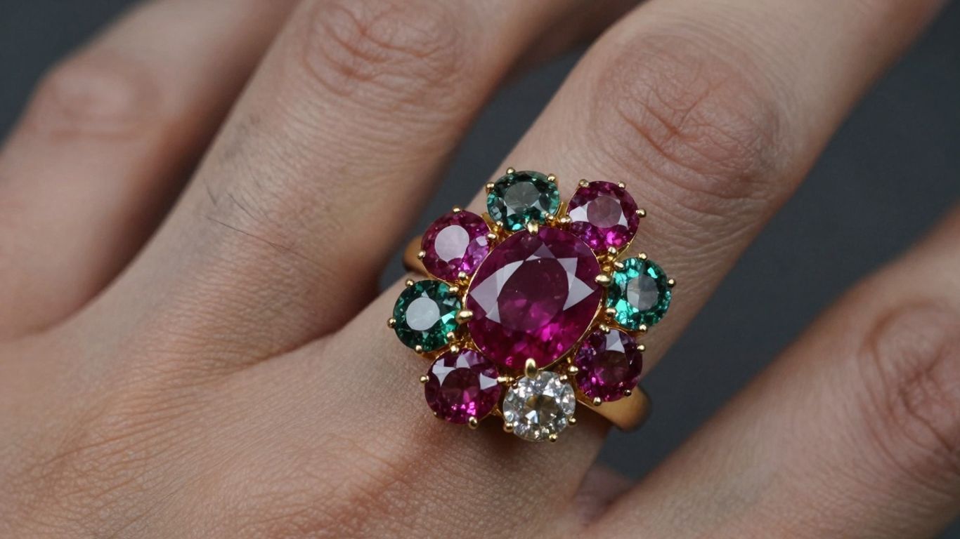Man wearing a Navaratna ring with nine gemstones.