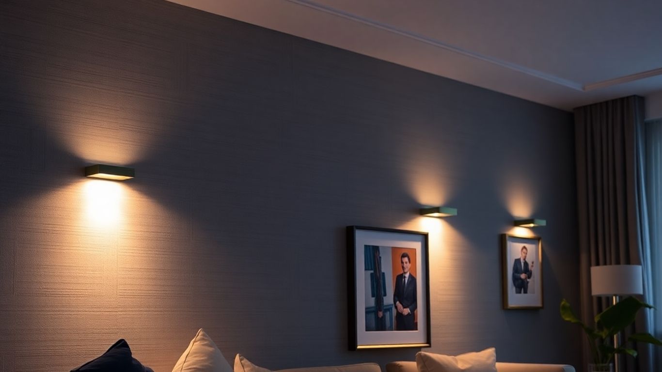 Modern living room with LED wall mount lights.