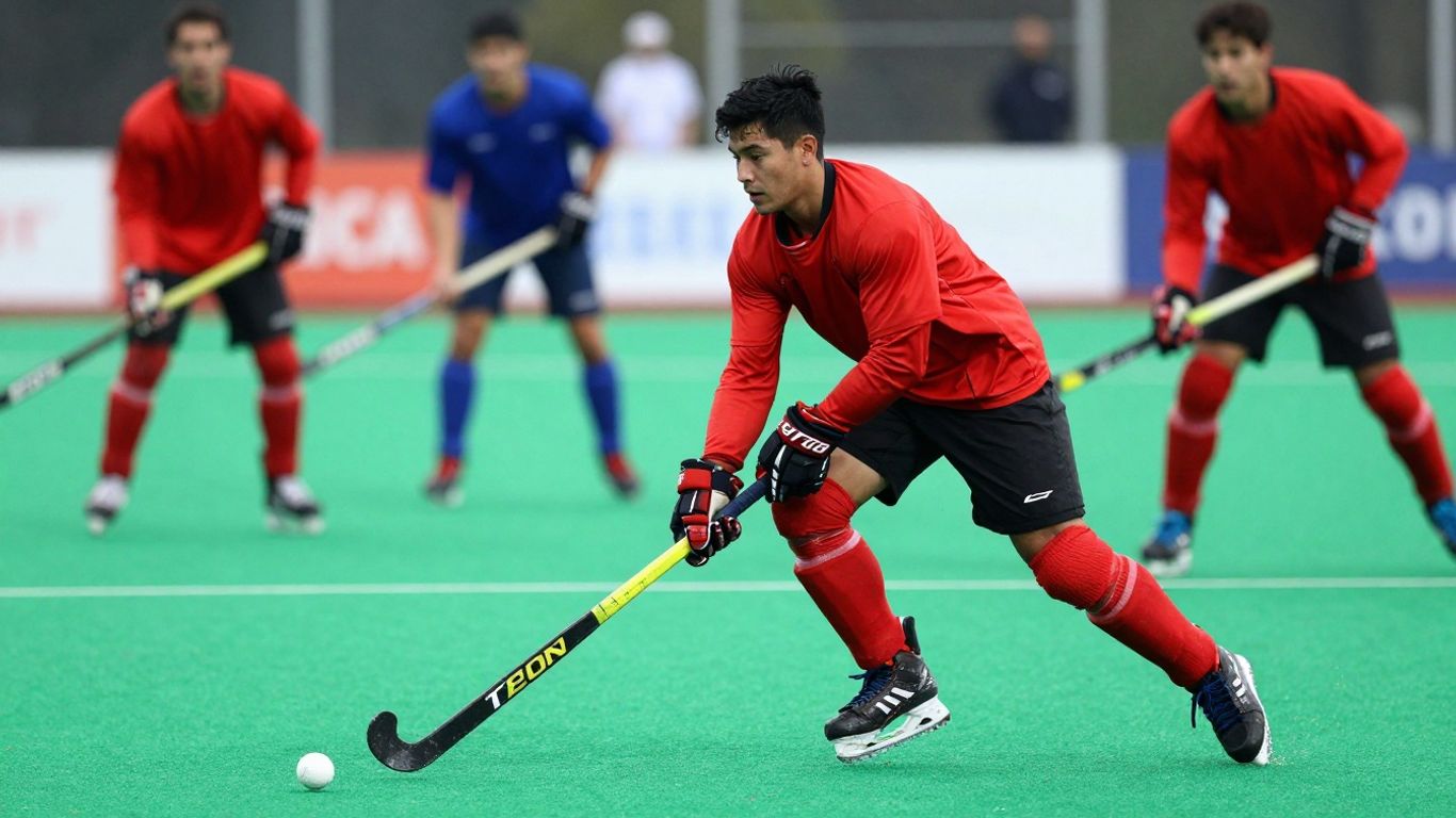 Hockey players in action on a field.