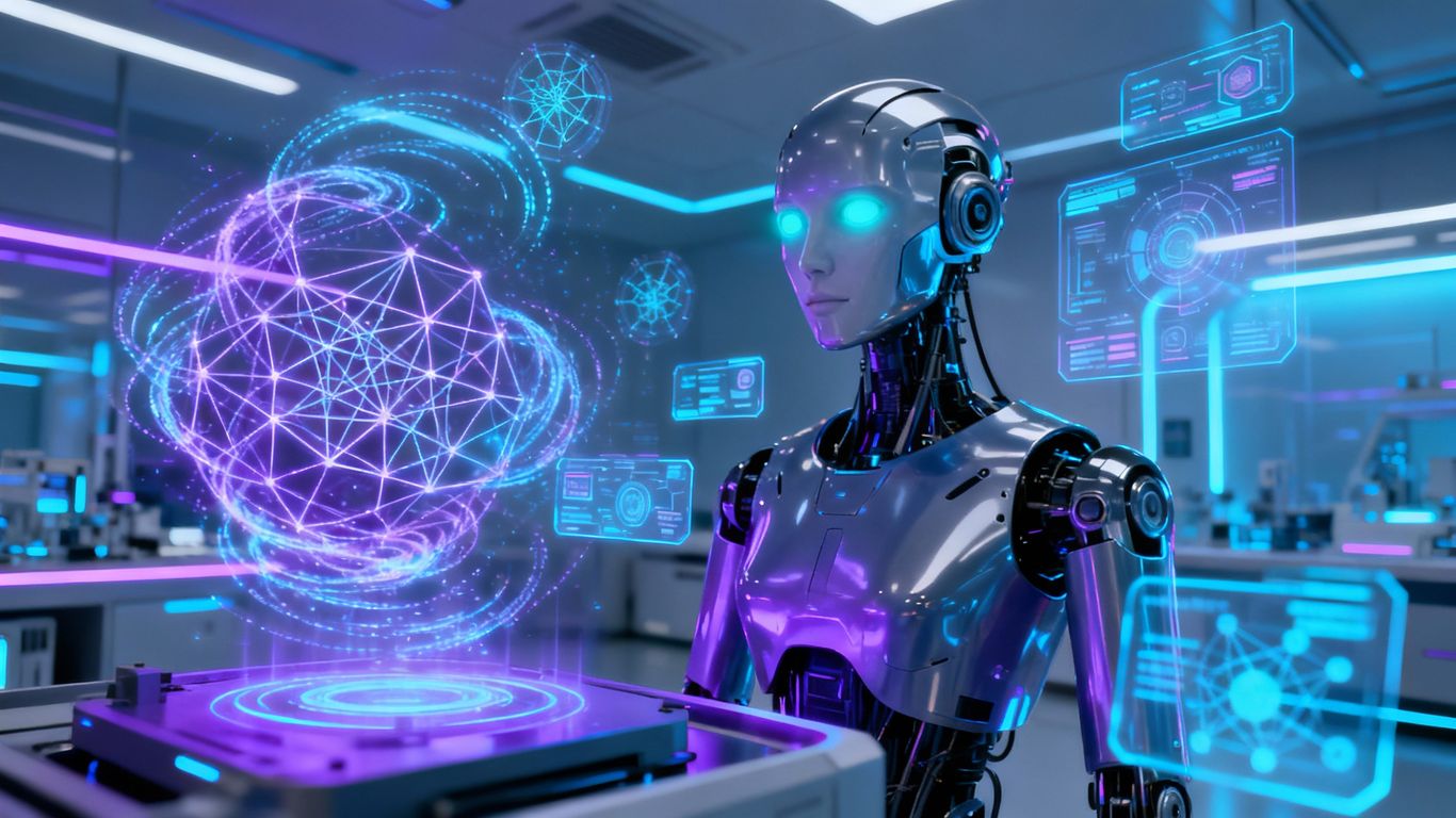 AI robot with glowing eyes and neural network patterns.