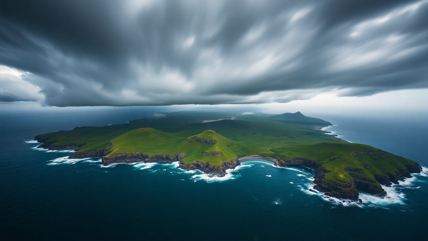 Ouragan Gabrielle s'approchant des Açores, nuages sombres et vagues