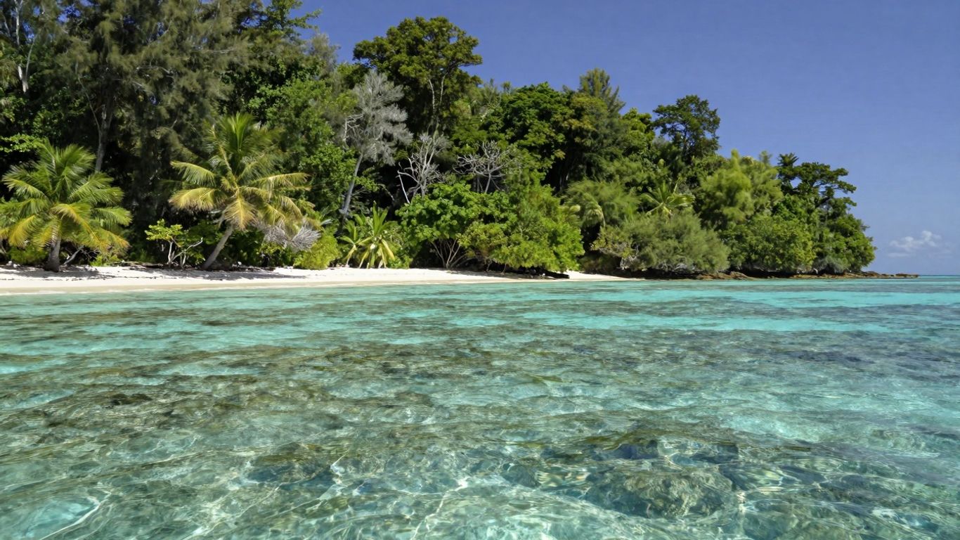 Kalong Island with lush trees and clear blue water.