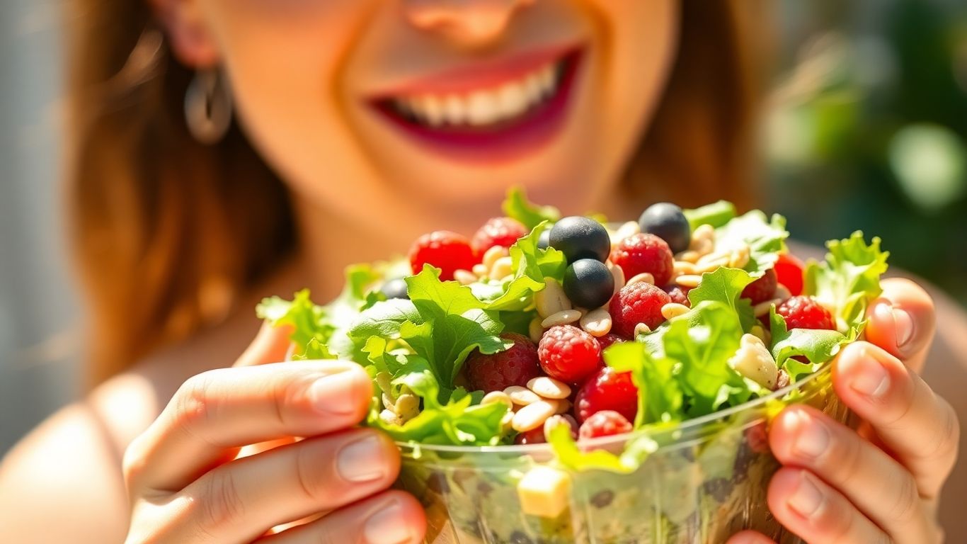Person enjoying a colorful, healthy salad for better digestion.