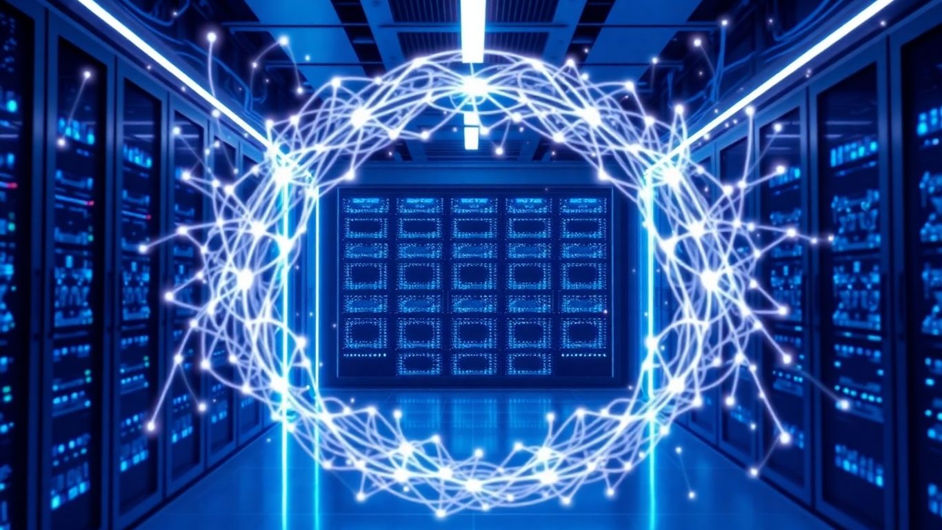 Futuristic data center with AI neural network patterns.