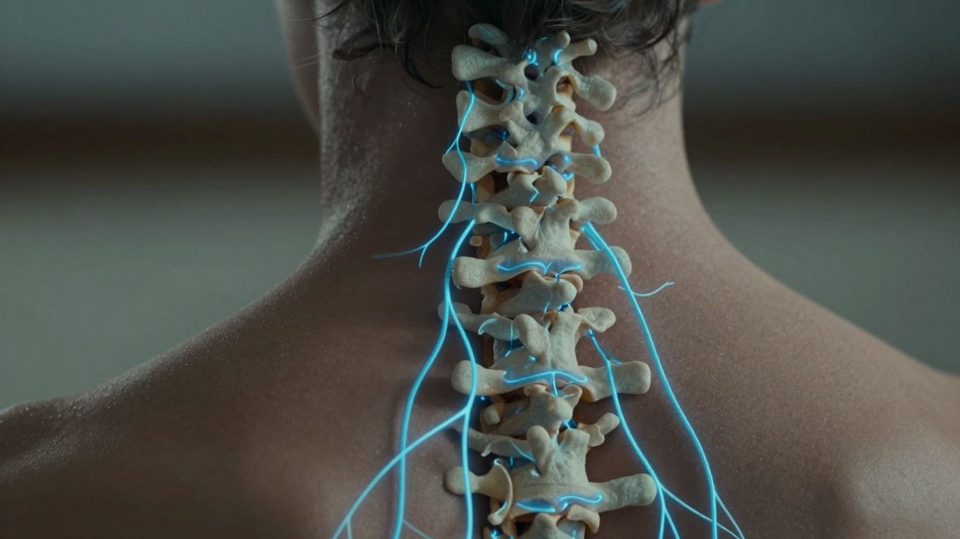 Spinal cord with glowing neural pathways.