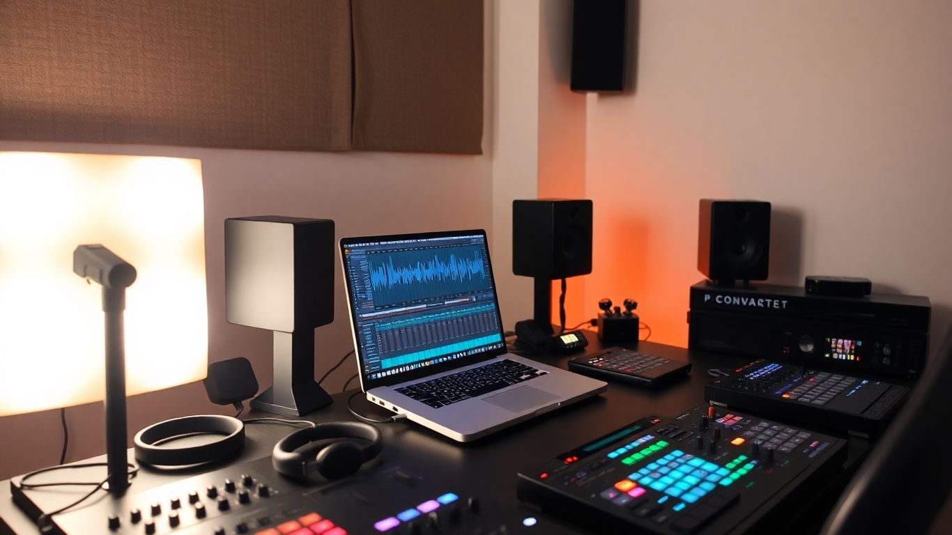 Modern music studio with laptop and beatmaking gear