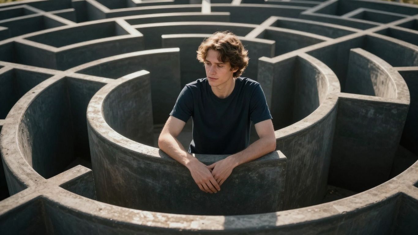 Person calmly navigating a complex maze with sunlight.